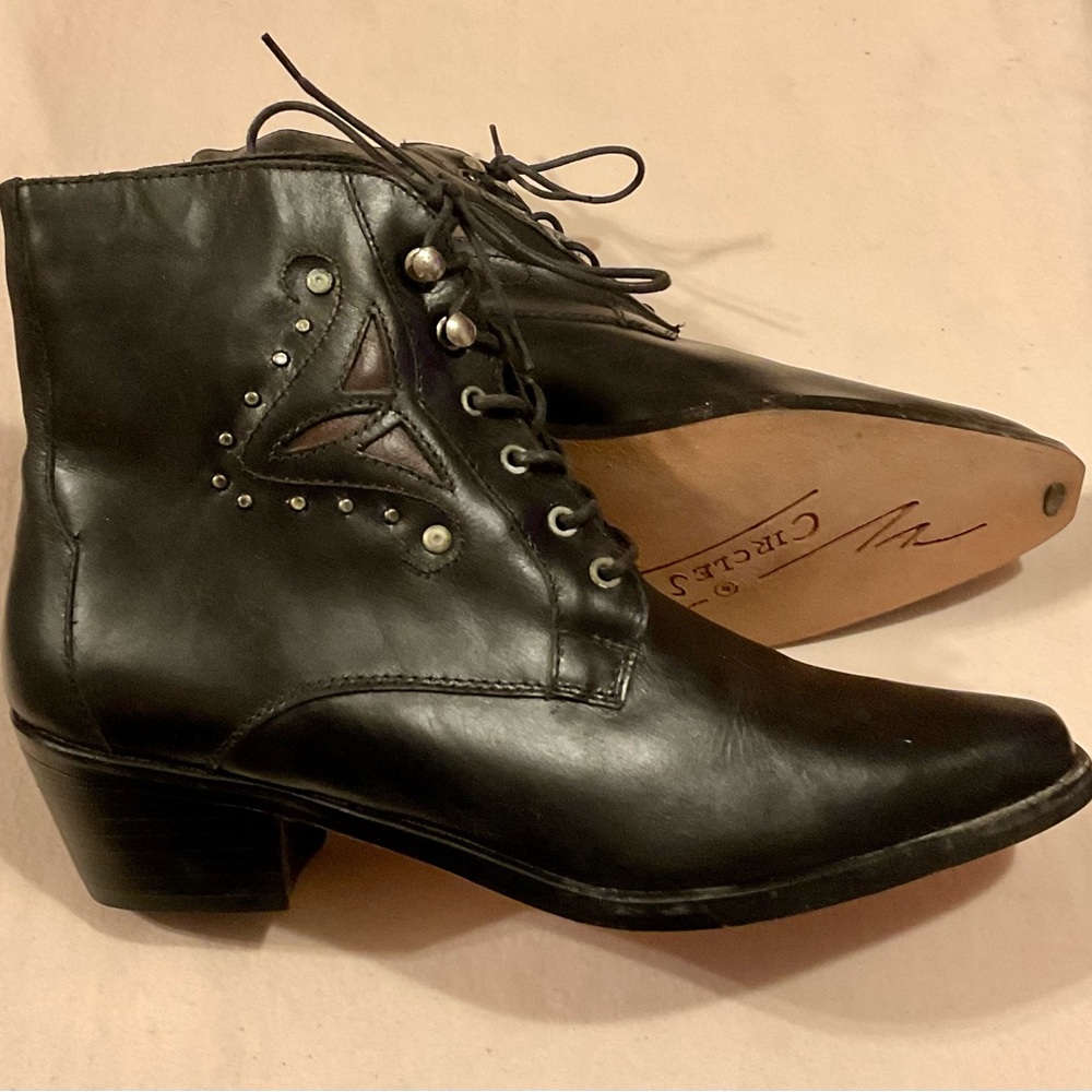 Circle S Vintage Black Western Boot Studded Lace Up Bootie Size 6.5M